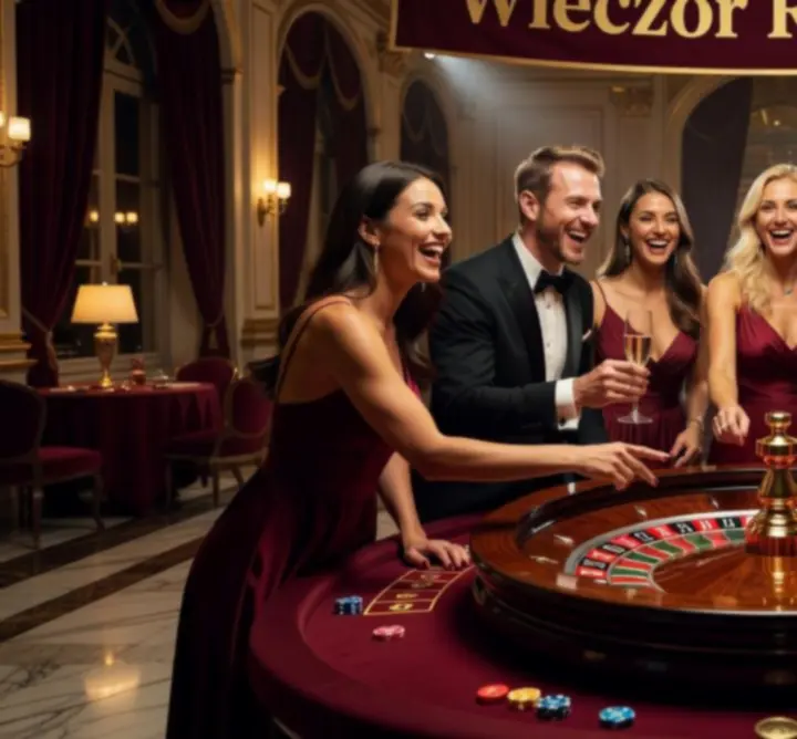 Uczestnicy eventu MAJESTIC MARVEL s.r.o. Events grają przy stole ruletki podczas eleganckiego wieczoru