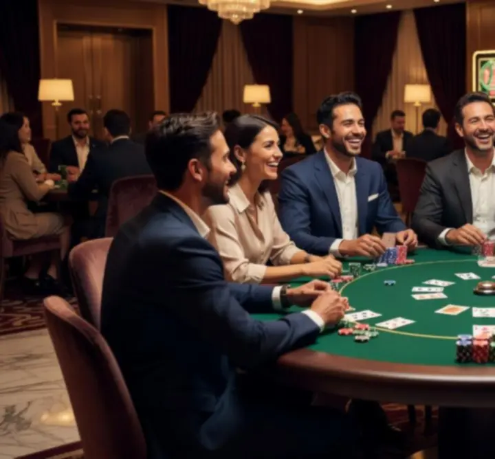 Zespół firmowy biorący udział w team-buildingowym wieczorze pokerowym.